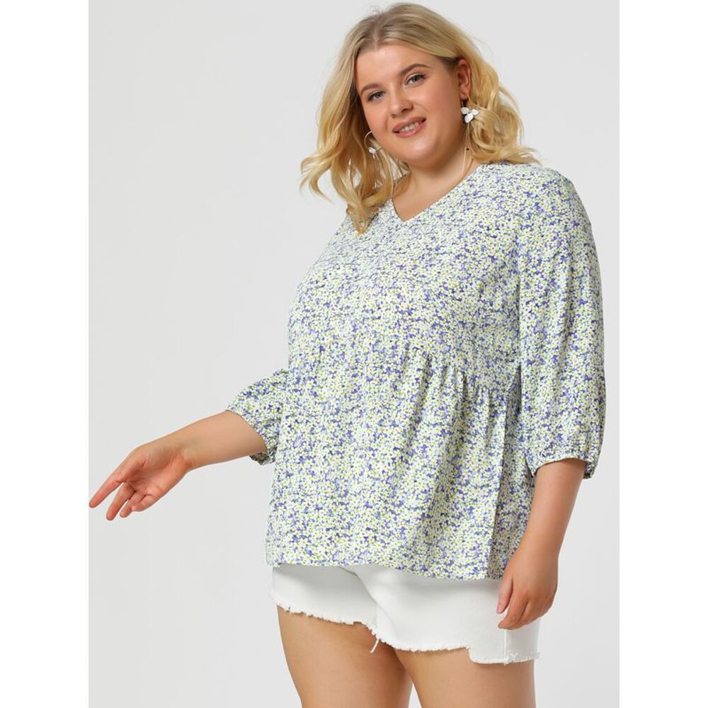 V Neck Women Plus Size 3/4 Sleeve Floral Shirt Blouses Lavender - Picture 4 of 6